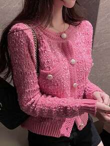 French Style Double Pocket Crew Neck Cardigan,Long Sleeve Tops - Pink - View 4