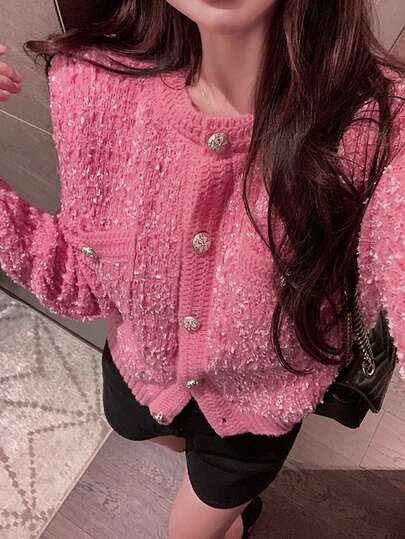 French Style Double Pocket Crew Neck Cardigan,Long Sleeve Tops Casual Pink