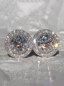 新款韩式耳环镶嵌闪亮圆形方晶锆石，优雅大方女式耳钉 - 銀色 - 查看 2