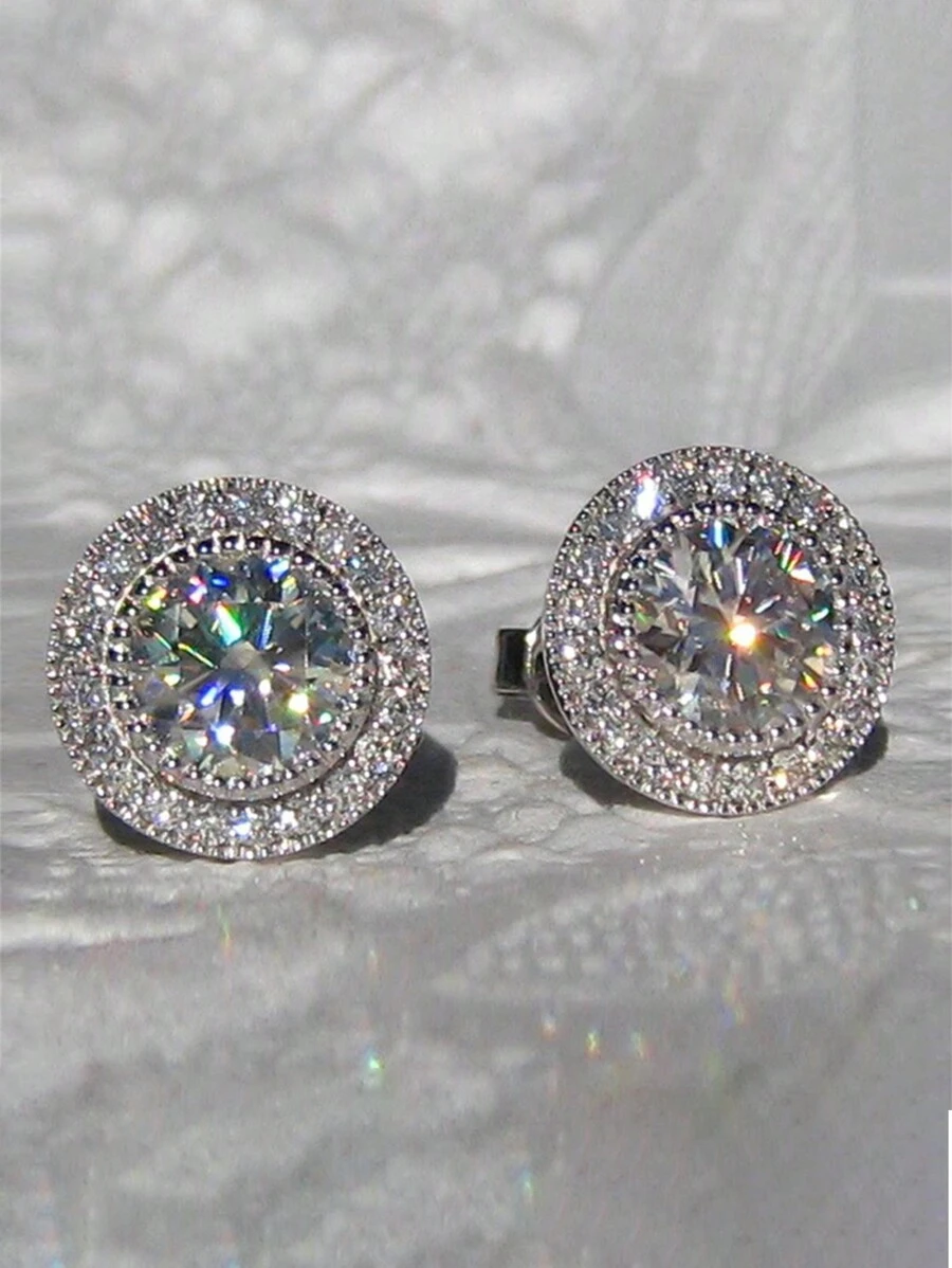 新款韩式耳环镶嵌闪亮圆形方晶锆石，优雅大方女式耳钉 - 銀色 - 查看 1