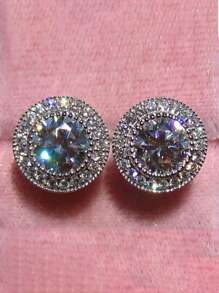 新款韩式耳环镶嵌闪亮圆形方晶锆石，优雅大方女式耳钉 - 銀色 - 查看 3