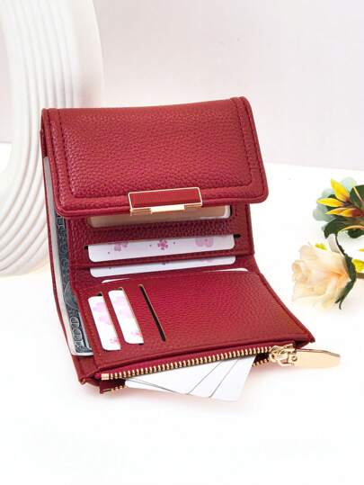 女士小巧钱包 柔软 PU 红色 折叠式 多功能 大容量 卡包 学生用 拉链硬币袋 方便 节日礼物 钱包 带肩带的小钱包 女士钱包 钱包 钱袋