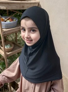 1 件阿拉伯风格头巾马来头巾，带帽檐的纯色底层帽，1 件儿童黑色头巾头巾面纱，链式装饰头巾，女孩弹性头带，马来印度尼西亚 - 黑色 - 查看 2