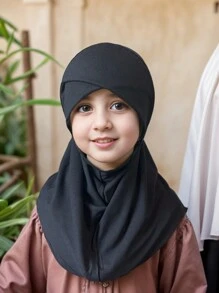 1 件阿拉伯风格头巾马来头巾，带帽檐的纯色底层帽，1 件儿童黑色头巾头巾面纱，链式装饰头巾，女孩弹性头带，马来印度尼西亚 - 黑色 - 查看 1