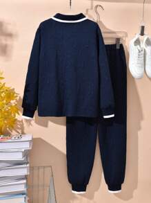 Vihyde 2pcs/Set Boys Vintage Zip Collar Long Sleeve Polo Shirt & Cuffed Pants