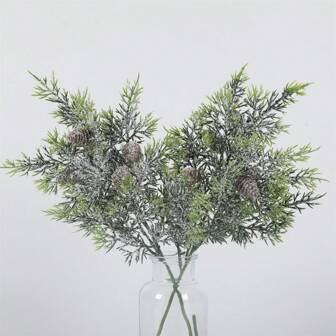 2 bucăți de ramuri de pin artificiale cu frunze verzi, conuri de pin și zăpadă falsă pentru coroane de bricolaj, Crăciun, decor de grădină, terasa în aer liber, centre de masă pentru sufragerie