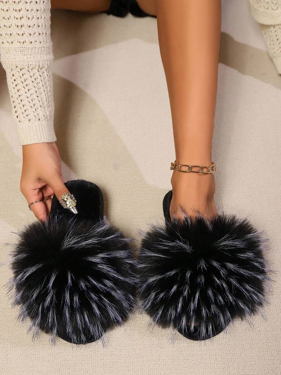 DareSee Pantuflas esponjosas para mujer, diapositivas planas y peludas negras, regalos para festivales de música - Blanco y Negro - Ver 1