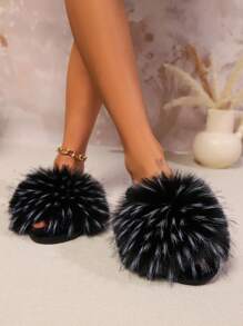 女士毛绒家居拖鞋，黑色时尚毛茸茸平底拖鞋 - 黑與白 - 查看 4