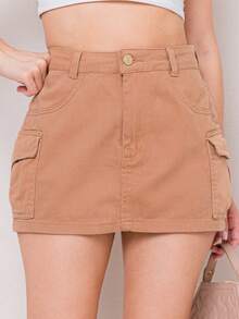 MINI Cargo Jeans Skirt Side Pockets COLORFUL WOMEN'S FASHION - 卡其色 - 查看 2