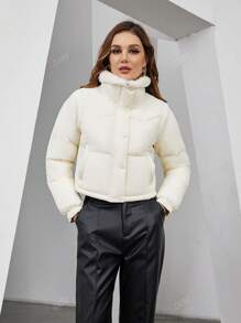 ZIAI Women Fur Collar Patchwork Short Down Jacket For Winter