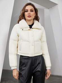 ZIAI Women Fur Collar Patchwork Short Down Jacket For Winter