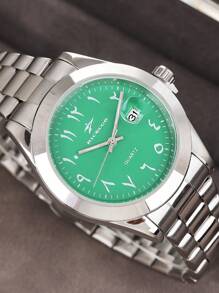 RICECGO 1pc Men's Classic Business Watch, Arabic Numeral Green Dial With Stainless Steel Strap, Suitable For Daily Wear, Business Meetings, Men's Gift, Valentine's Day Gift - Silver - View 2