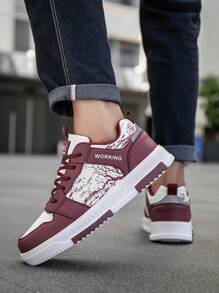 男士个性化森林印花舒适休闲运动鞋，时尚百搭小众设计前系带低帮情侣鞋 - 酒紅色 - 查看 10