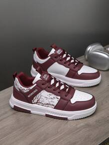 男士个性化森林印花舒适休闲运动鞋，时尚百搭小众设计前系带低帮情侣鞋 - 酒紅色 - 查看 3