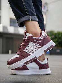 男士个性化森林印花舒适休闲运动鞋，时尚百搭小众设计前系带低帮情侣鞋 - 酒紅色 - 查看 9