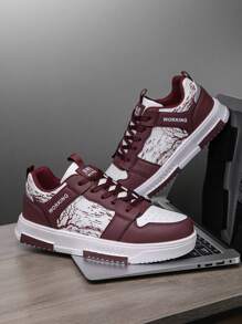 男士个性化森林印花舒适休闲运动鞋，时尚百搭小众设计前系带低帮情侣鞋 - 酒紅色 - 查看 4