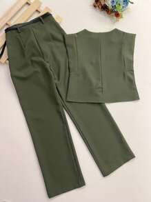 Women's Set: Solid Color Sleeveless Round Neck Top For Summer And Pantaloon Pants With Belt And Bag - 軍綠色 - 查看 9