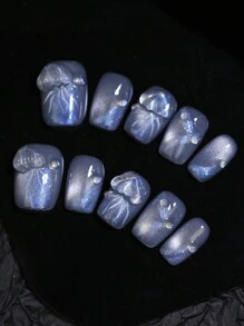 Decoración de encantos de uñas 3D de hada de la aurora, medusa, diseño de arte de uñas azul grisáceo brillante del ojo de gato, 100% hecho a mano, 10 piezas de puntas de uñas postizas cortas cuadradas, reutilizable pegatina para uñas uñas falsas uña falsa uña acrílica