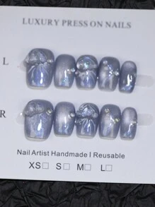 Decoración de encantos de uñas 3D de hada de la aurora, medusa, diseño de arte de uñas azul grisáceo brillante del ojo de gato, 100% hecho a mano, 10 piezas de puntas de uñas postizas cortas cuadradas, reutilizable pegatina para uñas uñas falsas uña falsa uña acrílica