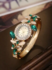 女孩奢华简约手链手表 + 叶子首饰套装，女孩优雅派对腕表 - 綠色 - 查看 4