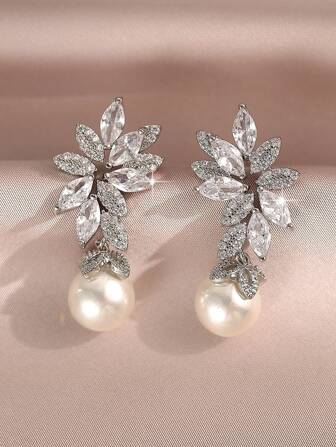 1 Pair Elegant Pearl Flower Zirconia Pendant Earrings, Women/Girls Crystal Teardrop Earrings, Suitable For Party, Date, Anniversary, Can Be Used As Valentine's Day, Mother's Day Gift