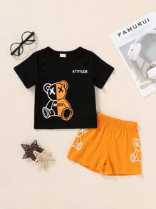 Set de 2 piezas de camiseta con estampado de oso de dibujos animados y pantalones cortos deportivos suaves y cómodos para niño bebé, ropa casual de diario y atuendos de vacaciones, para primavera/verano