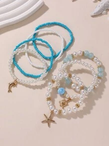 7件套女孩贝壳、海贝、米珠和珍珠串珠海洋主题手链 - 彩色 - 查看 7