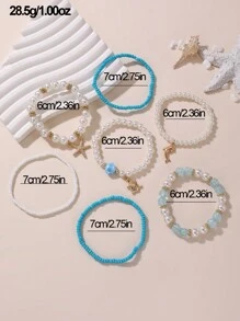 7件套女孩贝壳、海贝、米珠和珍珠串珠海洋主题手链 - 彩色 - 查看 8