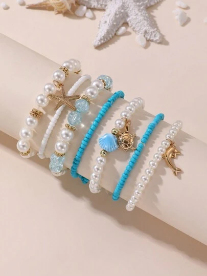 7pcs/Set Girls' Shell, Seashell, Rice Bead & Pearl Beaded Ocean Theme Bracelets
