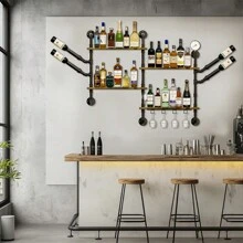 UNHO Wall Wine Rack: Industrial Pipe Bar Wall Liquor Shelf Floating Shelves With Wine Glass Holder Wall Mounted Shelving Unit For Living Room, Kitchen - Black - View 3