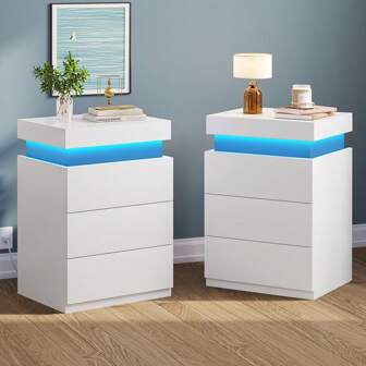 Nightstands Set Of 2 With Charging Station, LED Light, 3 Drawers Night Stands For Bedrooms With Sliding Top, Black/White