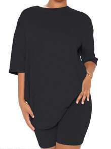 Speed mate Women's Summer Solid High Stretch Short Sleeve Crop Top Drop Shoulder Casual T-Shirt - Black - View 3