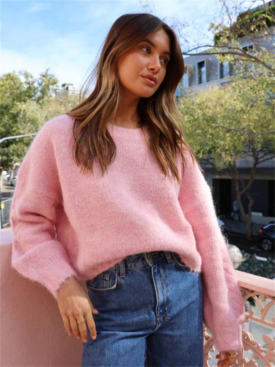 Maglione lavorato a maglia rosa morbido e soffice per donne, stile oversize ed elegante