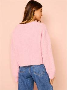 Maglione lavorato a maglia rosa morbido e soffice per donne, stile oversize ed elegante - Rosa - Visualizzare 3