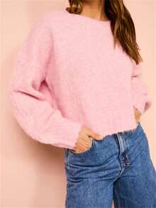 Maglione lavorato a maglia rosa morbido e soffice per donne, stile oversize ed elegante - Rosa - Visualizzare 4