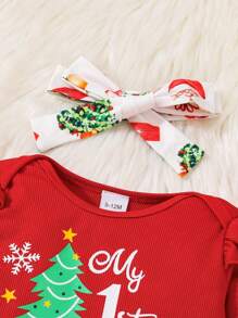 秋冬新款宝宝圣诞卡通印花长袖连体衣申单主题全印花喇叭裤+头饰三件套 - 紅色 - 查看 3