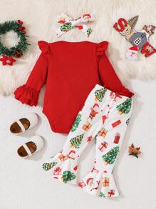 秋冬新款宝宝圣诞卡通印花长袖连体衣申单主题全印花喇叭裤+头饰三件套 - 紅色 - 查看 2