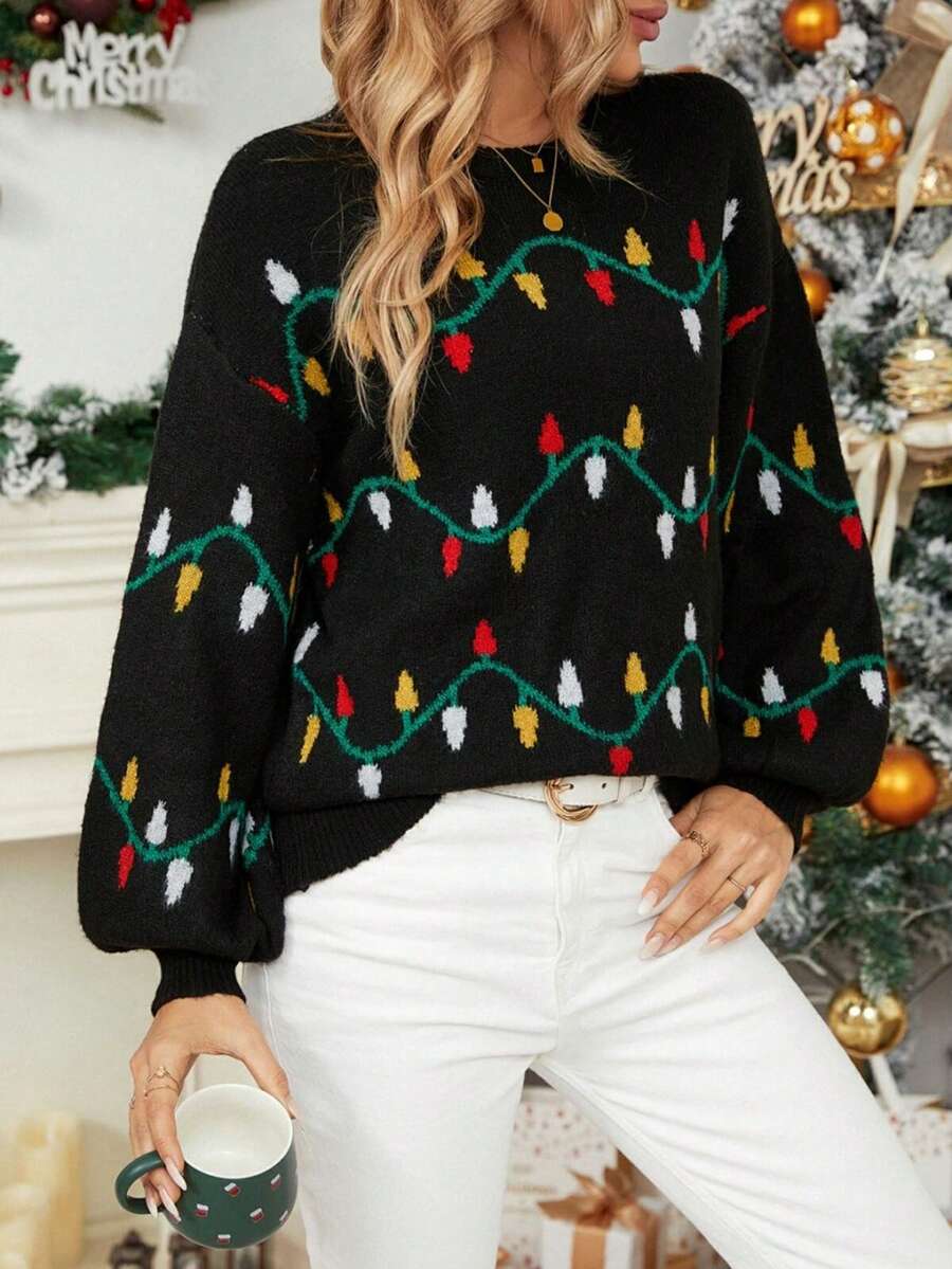 Pulover de toamnă, drăguț, tricot, cu mânecă lungă, pulover pentru Crăciun - Negru - Vizualizare 1