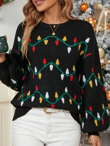 Pulover de toamnă, drăguț, tricot, cu mânecă lungă, pulover pentru Crăciun - Negru - Vizualizare 2