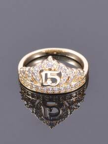 1 pieza Anillo de flor chapado en oro de 14k hermoso para los 15 años, anillos de corona para regalos de 15 años, rito mexicano de mayoría de edad - Amarillo Oro - Ver 4