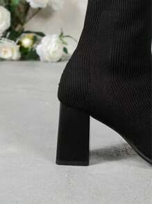 女士黑色袜靴针织短靴方头中筒2024秋冬新款高跟细靴粗跟弹力靴 - 黑色 - 查看 7