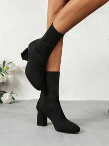 女士黑色袜靴针织短靴方头中筒2024秋冬新款高跟细靴粗跟弹力靴 - 黑色 - 查看 4