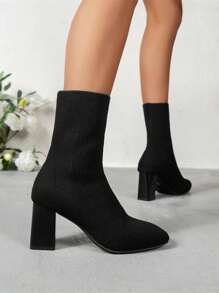 女士黑色袜靴针织短靴方头中筒2024秋冬新款高跟细靴粗跟弹力靴 - 黑色 - 查看 2