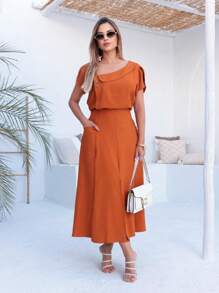 Skirt And Blouse Set In Twill Viscose Short-Sleeved Blouse With Boat Neckline Midi Skirt A-Line Model With Pockets And Front Slit - 亮橙色 - 查看 4