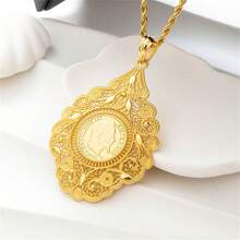 Vintage Gold Coin Necklace - Luxury Zinc Alloy Gold Plated Coin Pendant, Traditional Algerian Jewelry - One Size - View 4