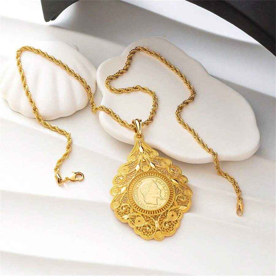 Vintage Gold Coin Necklace - Luxury Zinc Alloy Gold Plated Coin Pendant, Traditional Algerian Jewelry