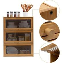 3 Tiers Bamboo Storage Cabinet For Kitchen Countertop, Freestanding Pantry Cabinet With Clear Acrylic Flip-Up Door Organizer Shelf For Spice Seasoning Bowl Cup Bottle