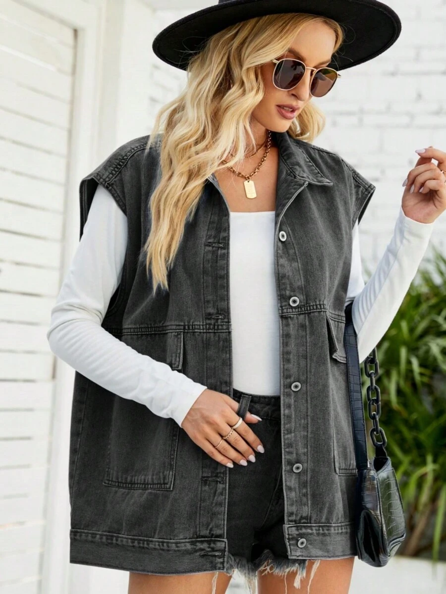 Women's Loose Casual Denim Vest, Sleeveless With Dual Pockets - Dark Grey - View 1