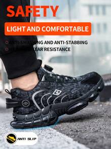 Ding gu Safety Shoes Puncture Proof Lace-Up Work Shoes, Industrial And Construction Site Convenient Rotating Buckle Lightweight Soft Sole Work Shoes Anti Smashing Steel Toe Safety Shoes Puncture Proof Work Shoes - 黑灰色(防砸防刺穿) - 查看 2