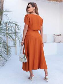 Skirt And Blouse Set In Twill Viscose Short-Sleeved Blouse With Boat Neckline Midi Skirt A-Line Model With Pockets And Front Slit - 亮橙色 - 查看 3